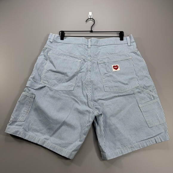 Carhartt WIP Terrell SK Shorts Mens Large Blue Striped Workwear Cargo Heart Logo - Picture 2 of 9